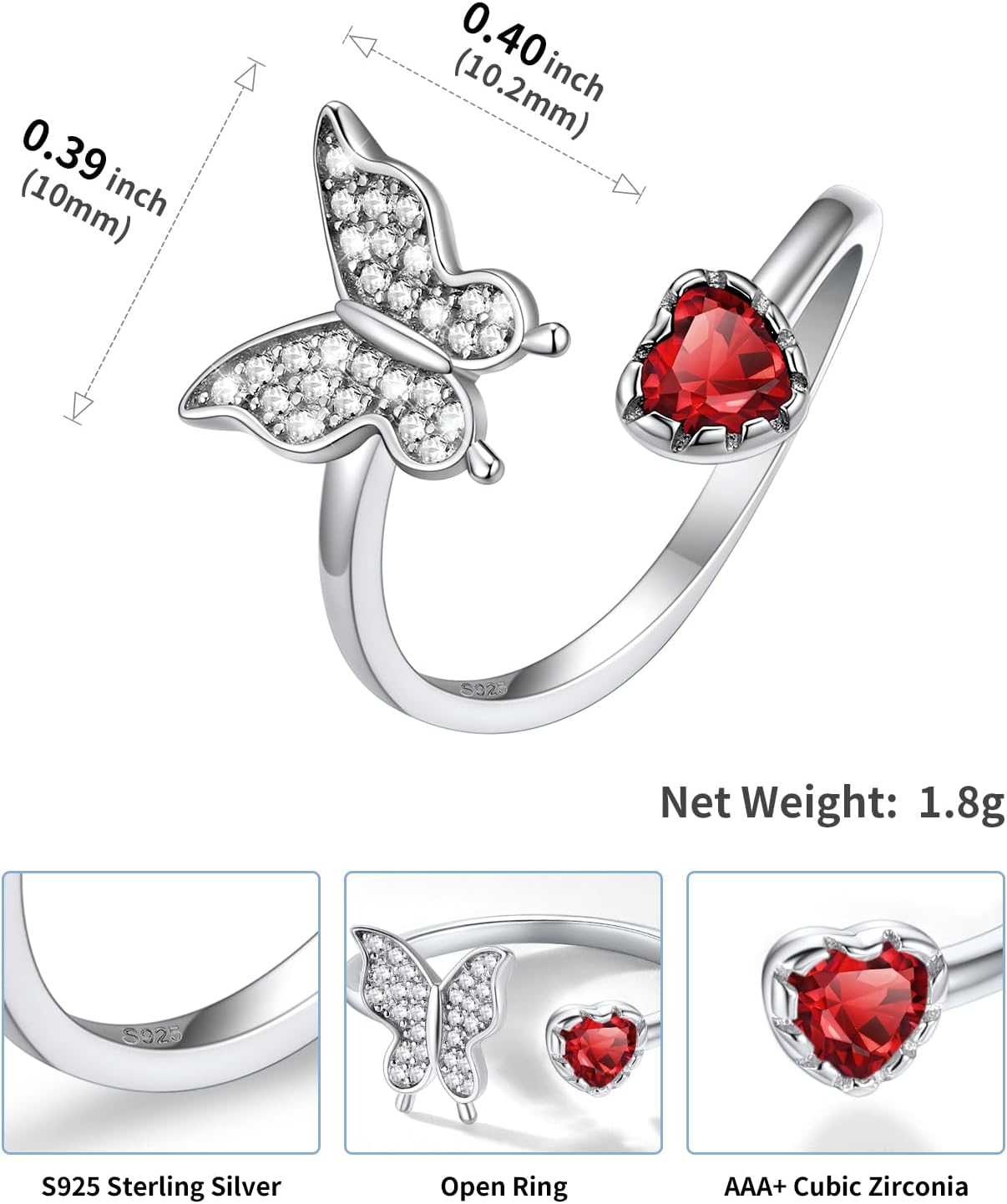 SILVERCUTE Butterfly Rings for Women - 925 Sterling Silver Birthstone Ring Women Jan-Dec Adjustable Ring with Cubic Zirconia Cute Butterfly Jewelry