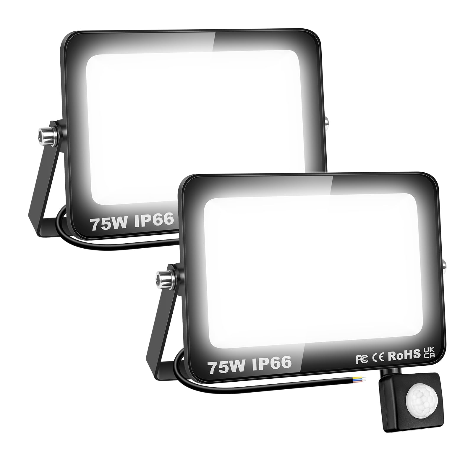 SKYWORLD 2 x Faretto con Sensore di Movimento, 75W 7500LM Fari Led Esterni | Proiettori Faretto Led da Esterno, Luci di Sicurezza Faro per Giardino Garage Patio Terrazza Cortile, 6000K Bianco Freddo