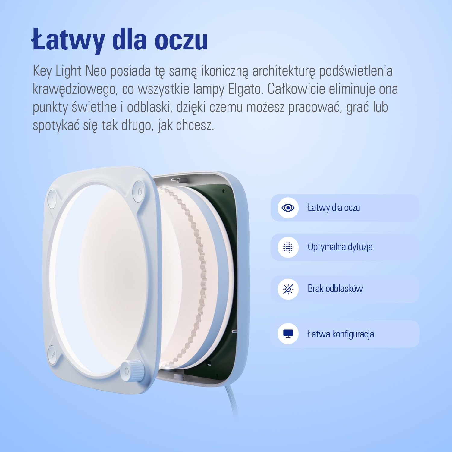 Elgato Key Light Neo – profesjonalne oświetlenie, bez odblasków, regulowane mocowanie, sterowanie ręczne lub Wi-Fi, biuro/transmisja, Teams/Zoom/Slack/Twitch/YouTube – Plug-'n-Play laptop, PC, Mac