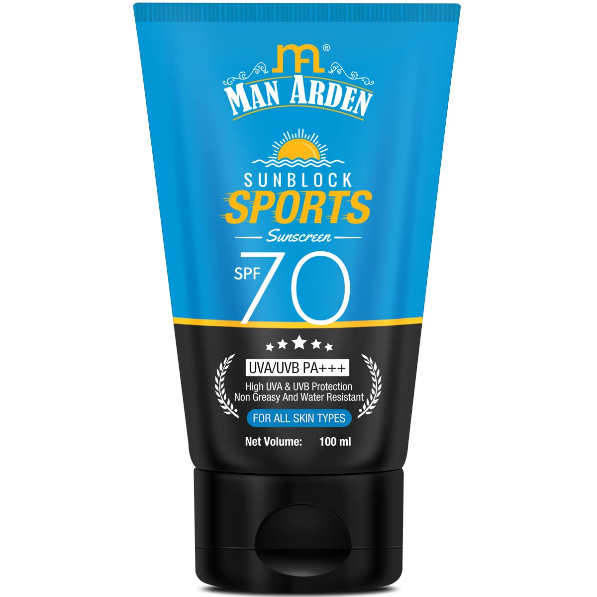 Man Arden Sun Block Sports Sunscreen SPF 70, For All Skin Types, UVA/UVB PA+++, High UVA & UVB Protection Non Greasy And Water Resistant, 100 ml