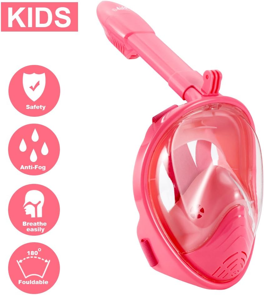 180° Full Face Snorkel Mask with Panoramic View Anti-Fog Design, Foldable Storage Snorkel Set with Camera Mount, Swimming Set for Men Women Kids (180° Panoramic/Pink, XS-for(5-11) Years Old Kids)