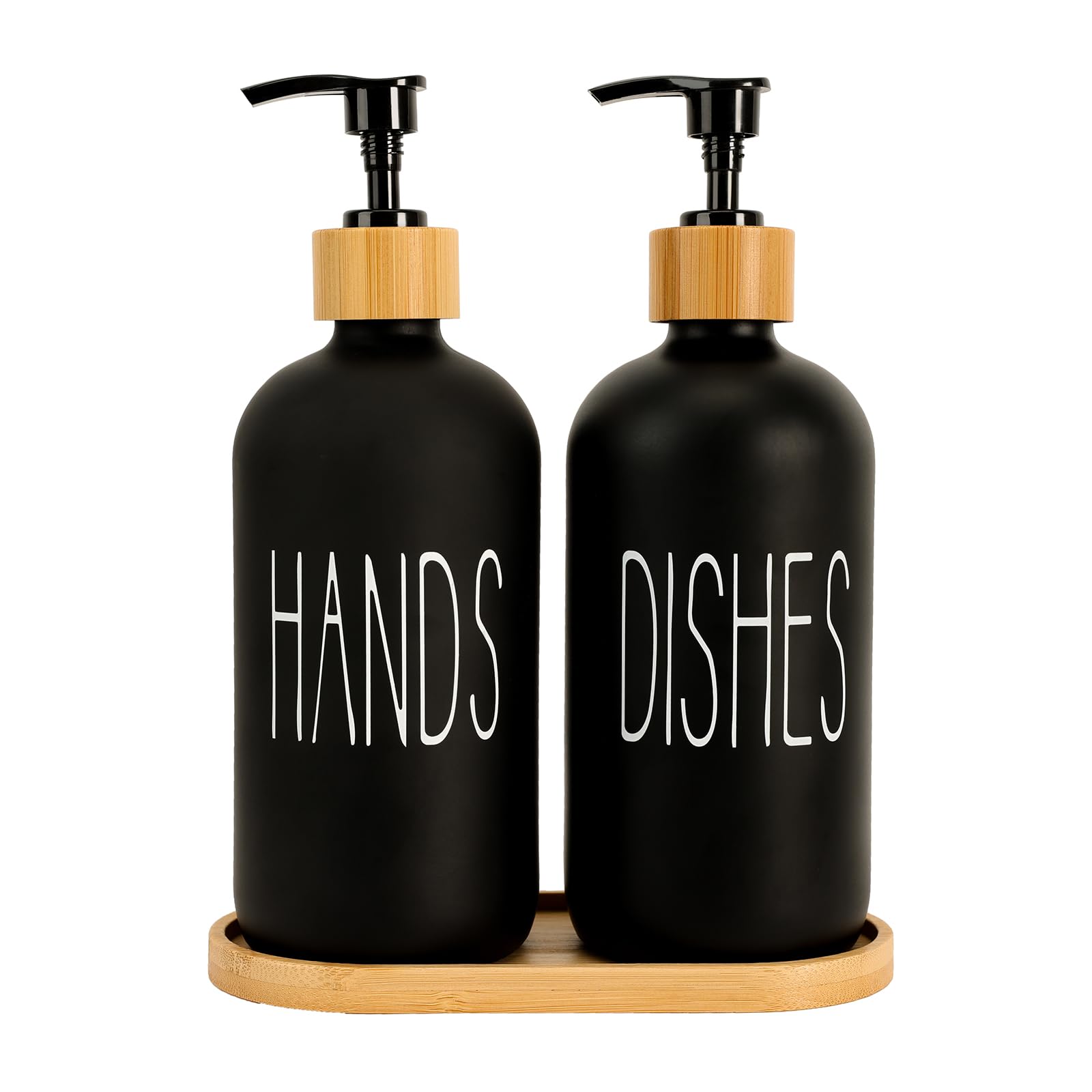 Matte Black Glass Soap Dispenser Set Hand and Dish Soap Dispensers Suitable for Rustic Kitchen Decor (Black)