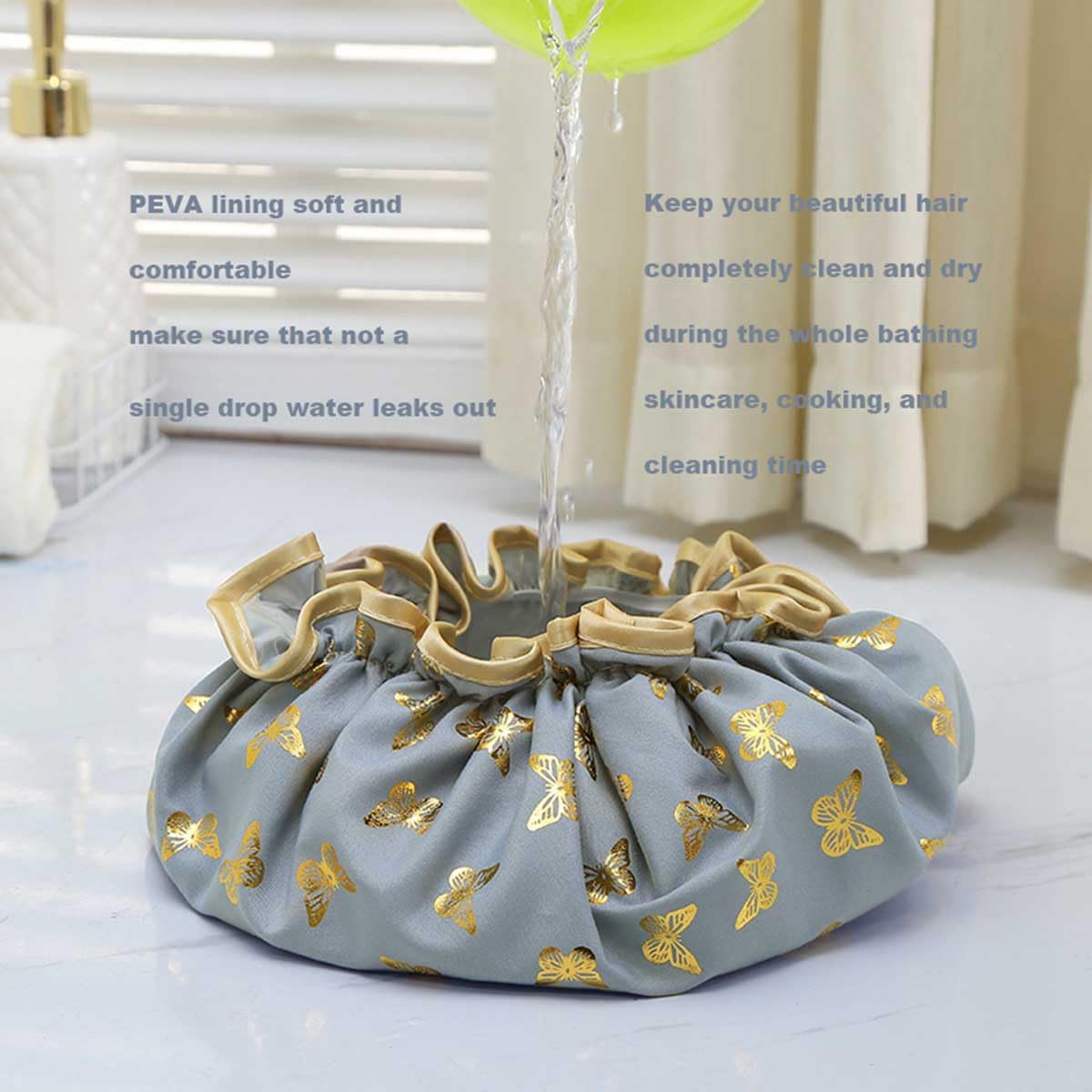 Bath Caps Elastic Band Waterproof Shower Caps With Ruffled Edge Covering Ears Keeping Hair Dry Kitchen Oil-proof Cap for Girls and Women (butterfly) - Image 4