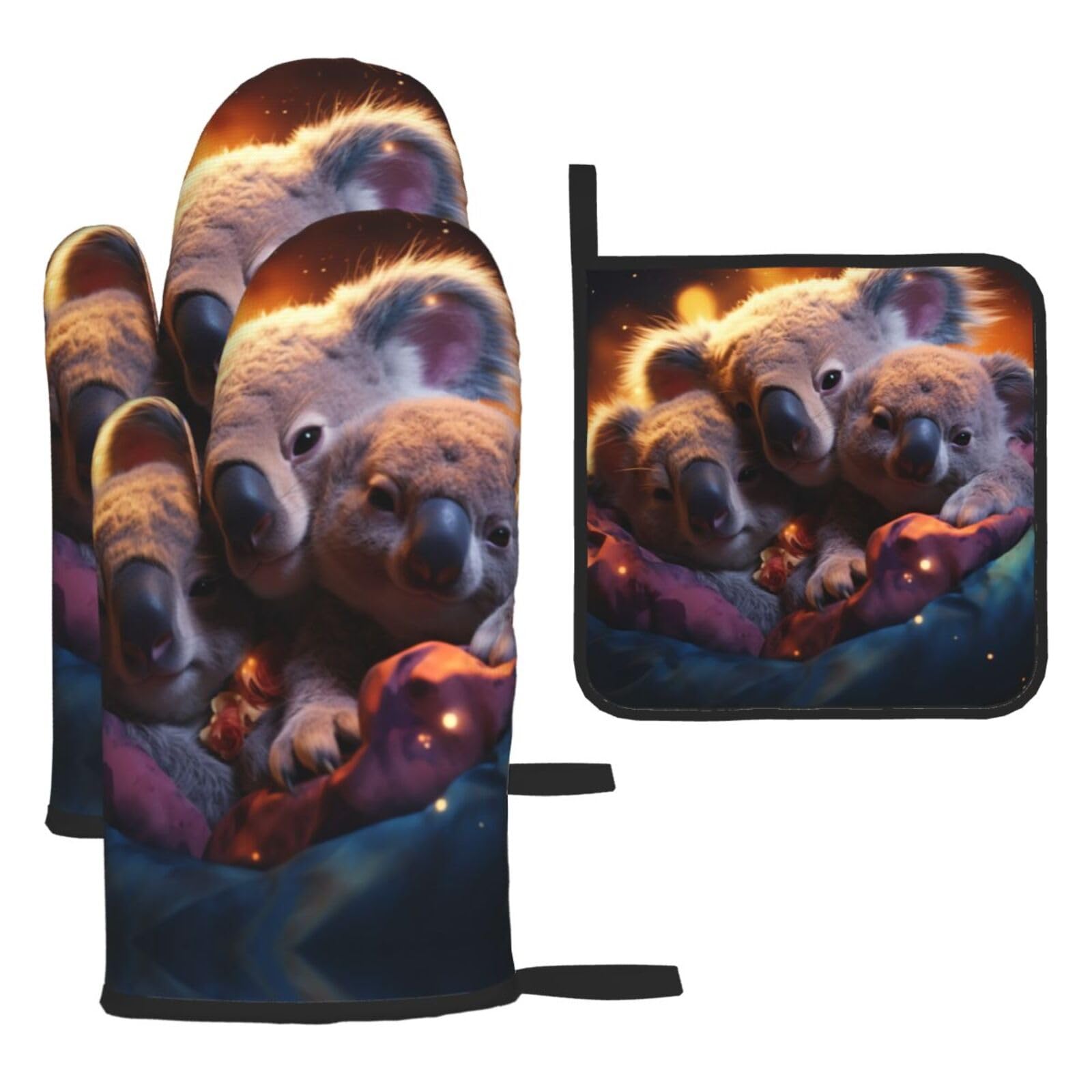 The Koala Family Oven mittens and oven mitts three-piece set suitable for oven, grilling, baking, microwave and home cooking.