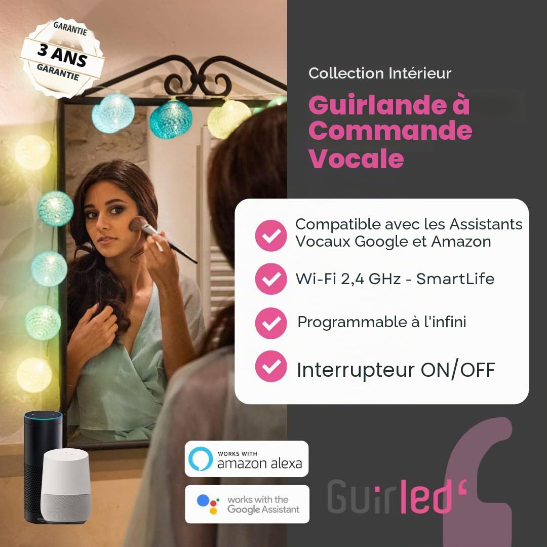 GuirLED - Guirlande lumineuse wifi boules coton LED USB - Commande Vocale - Maison connectée - Amazon Alexa & Google Assistant - Adaptateur secteur 2xUSB inclus - 24 boules 2.4 - Byzantin