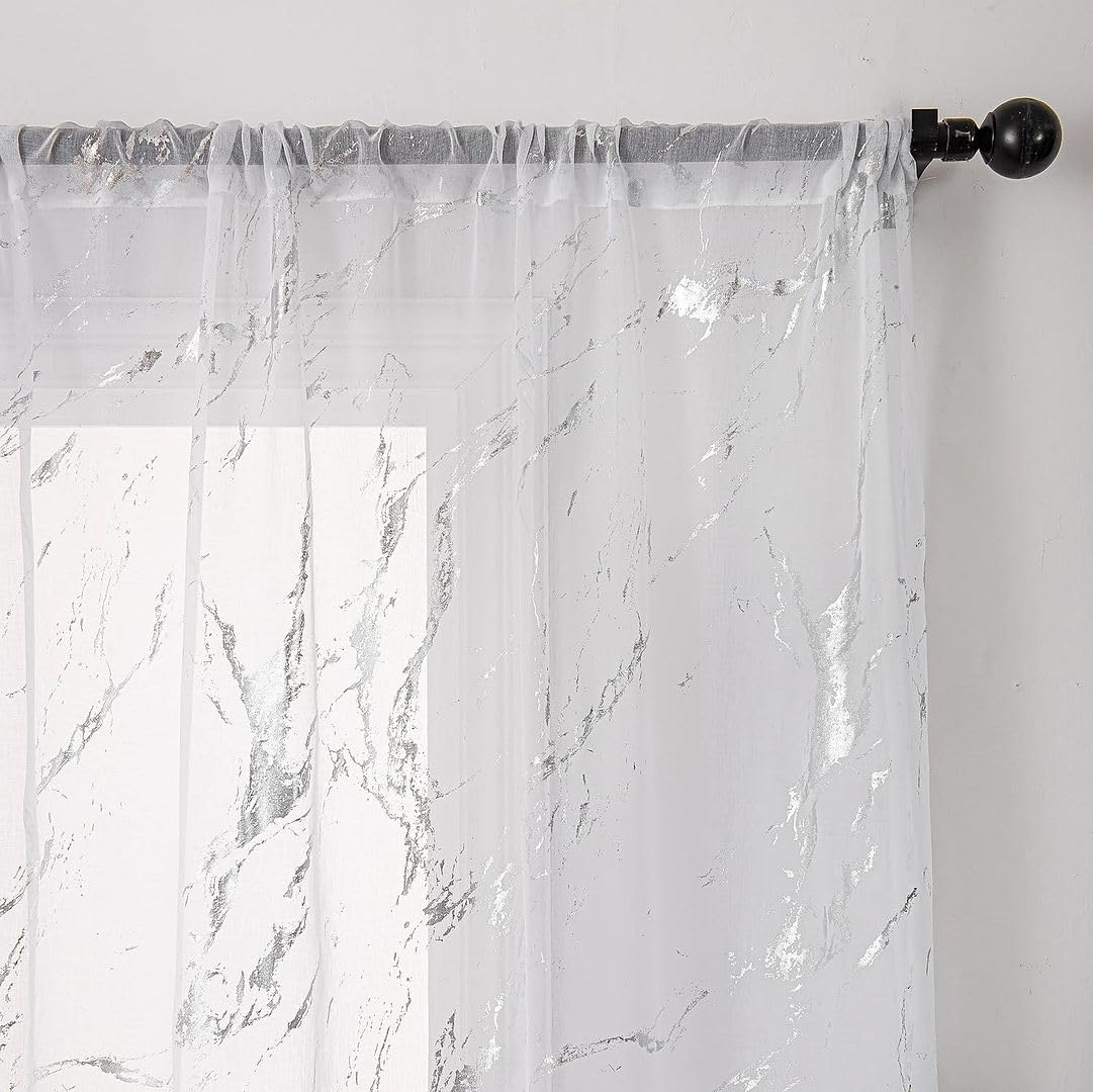 John Aird Voile Curtains - Slot Top - Silver Foil Printed Marble Design - White Linen Effect Voile (52" Wide x 72" Drop)
