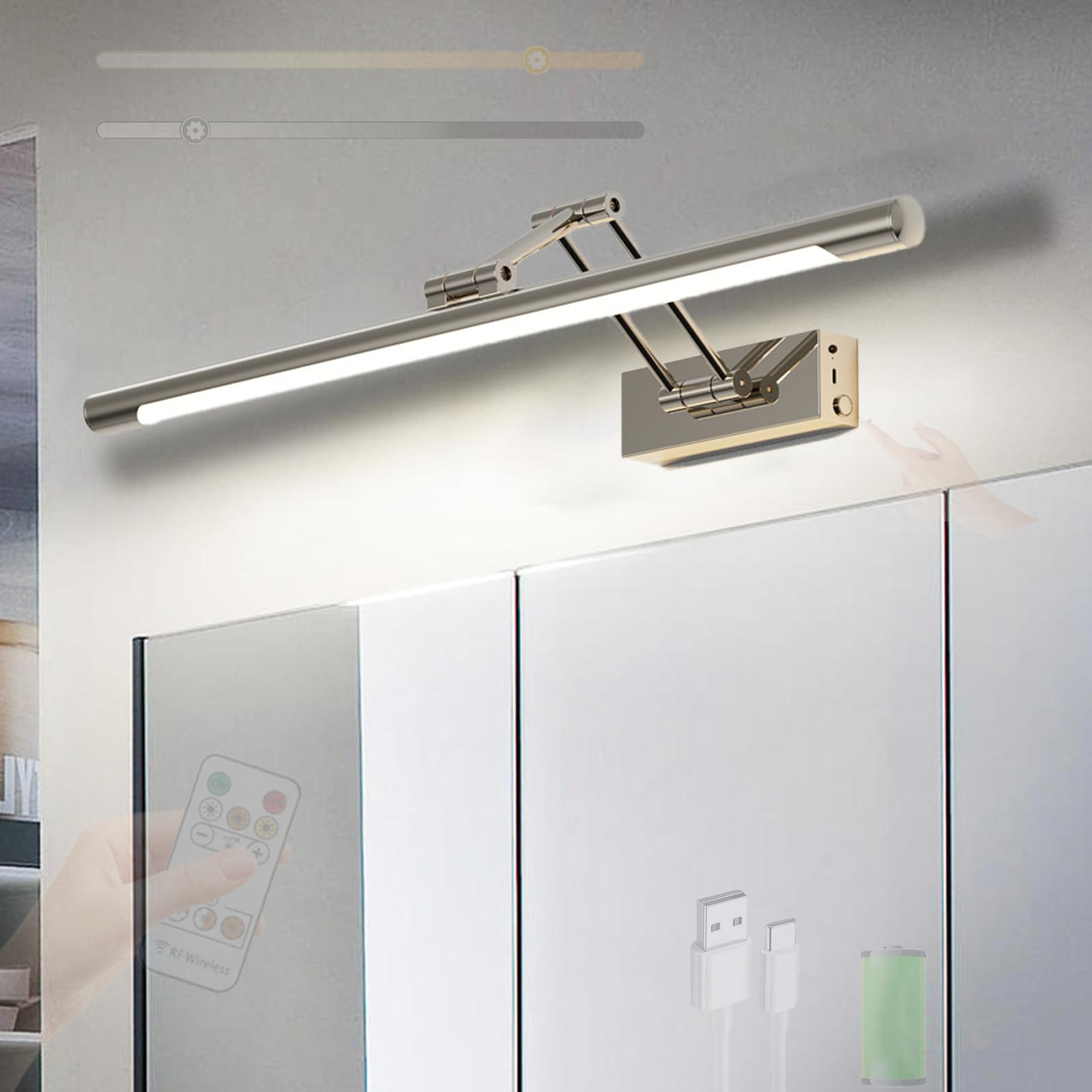 LED Spiegelleuchte Bad Akku Wandleuchte mit Fernbedienung Touch Steuerung Dimmbar Wandbeleuchtung USB Aufladbar Bildbeleuchtung Wandleuchten für Spiegelschrank Badezimmer Wohnzimmer (Silber,40cm)