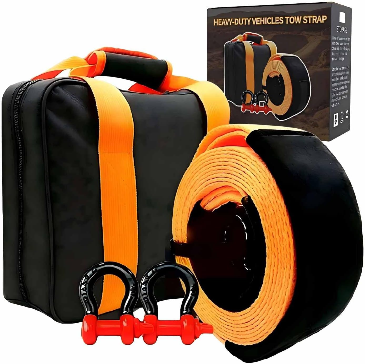 Tow Strap Heavy Duty With Hooks: 4''×30ft (40,000lbs Break Strength)- Offroad Recovery Strap Vehicle Recovery Kit with Storage Bag+3/4'' D Ring Shackles(2pcs) - Trucks, UTV, SUV, ATV, Offroad Tow Rope