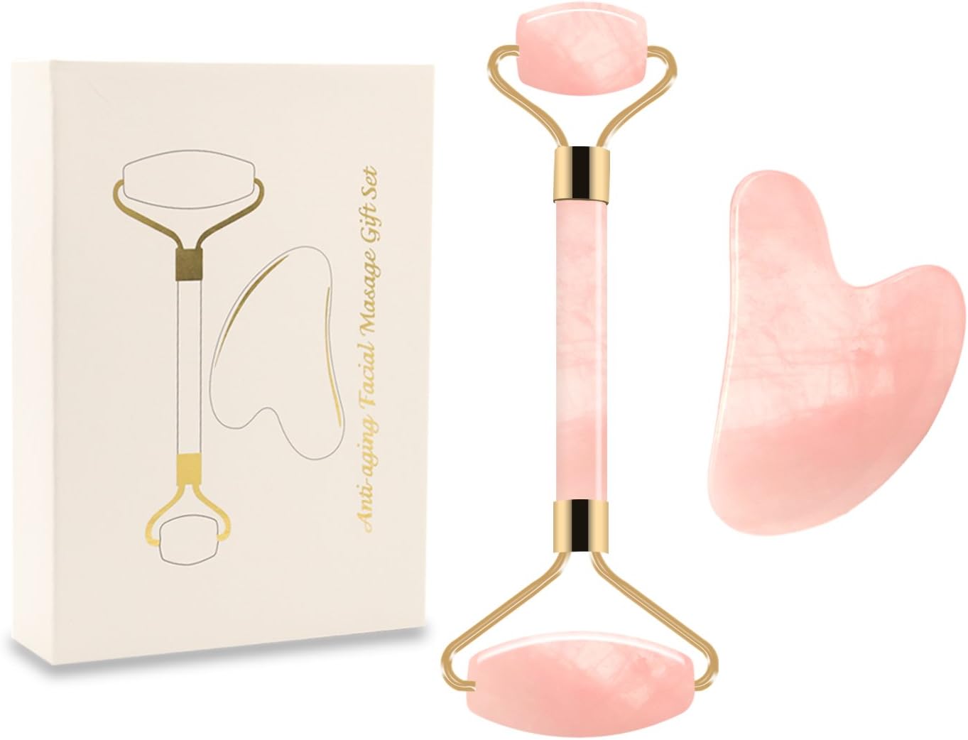 Jade Roller and Gua Sha Scraping Facial Tools Set，Rose Quartz Roller