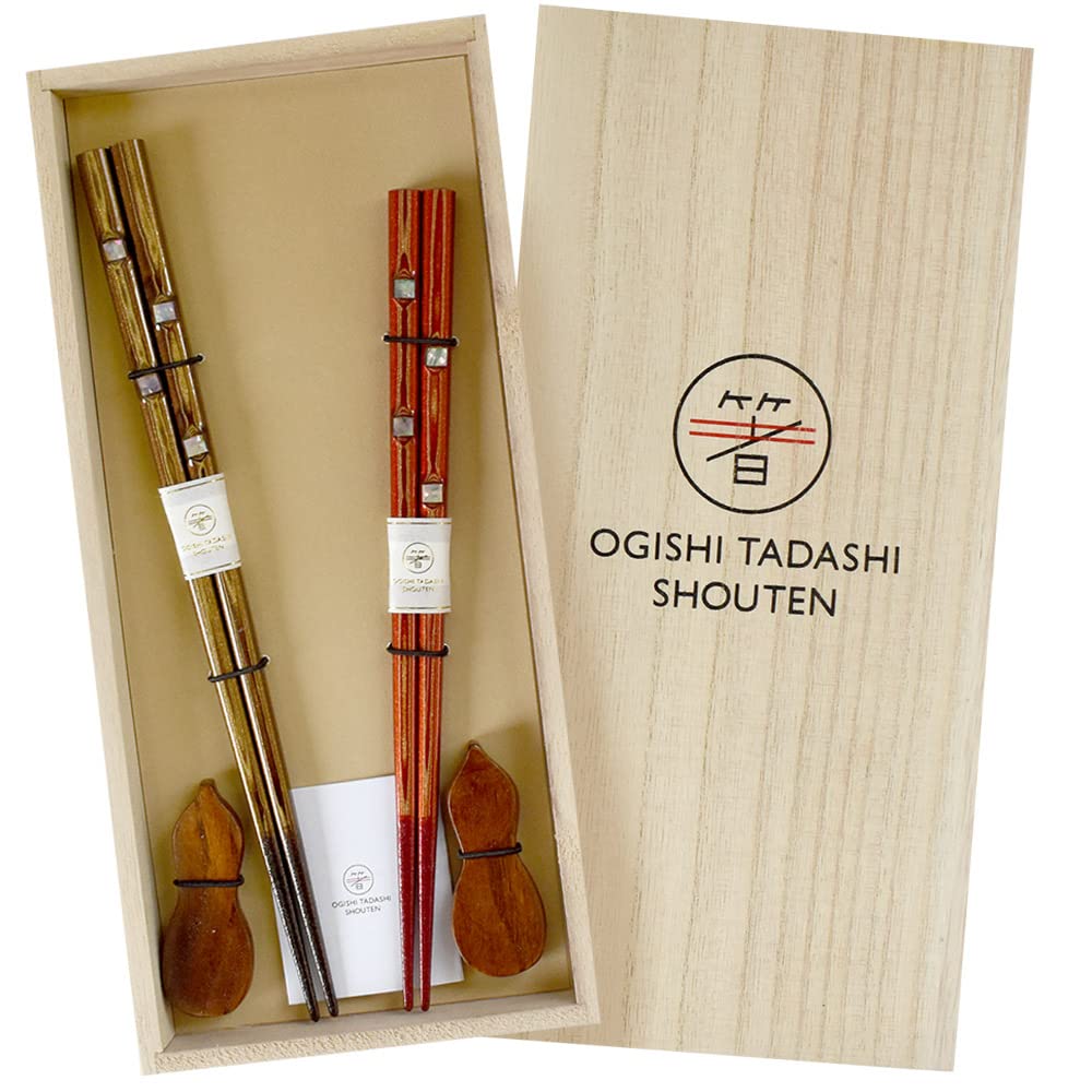 Wakasa Lacquer Couple Chopsticks Gift Set with Kenshu Kinkaku Chopsticks Rest - Made in Japan, 2 Pairs, 9.1 inches (23 cm), 8.3 inches (21 cm), Made in Japan, Abalone Shells, Chopsticks Set, Gift