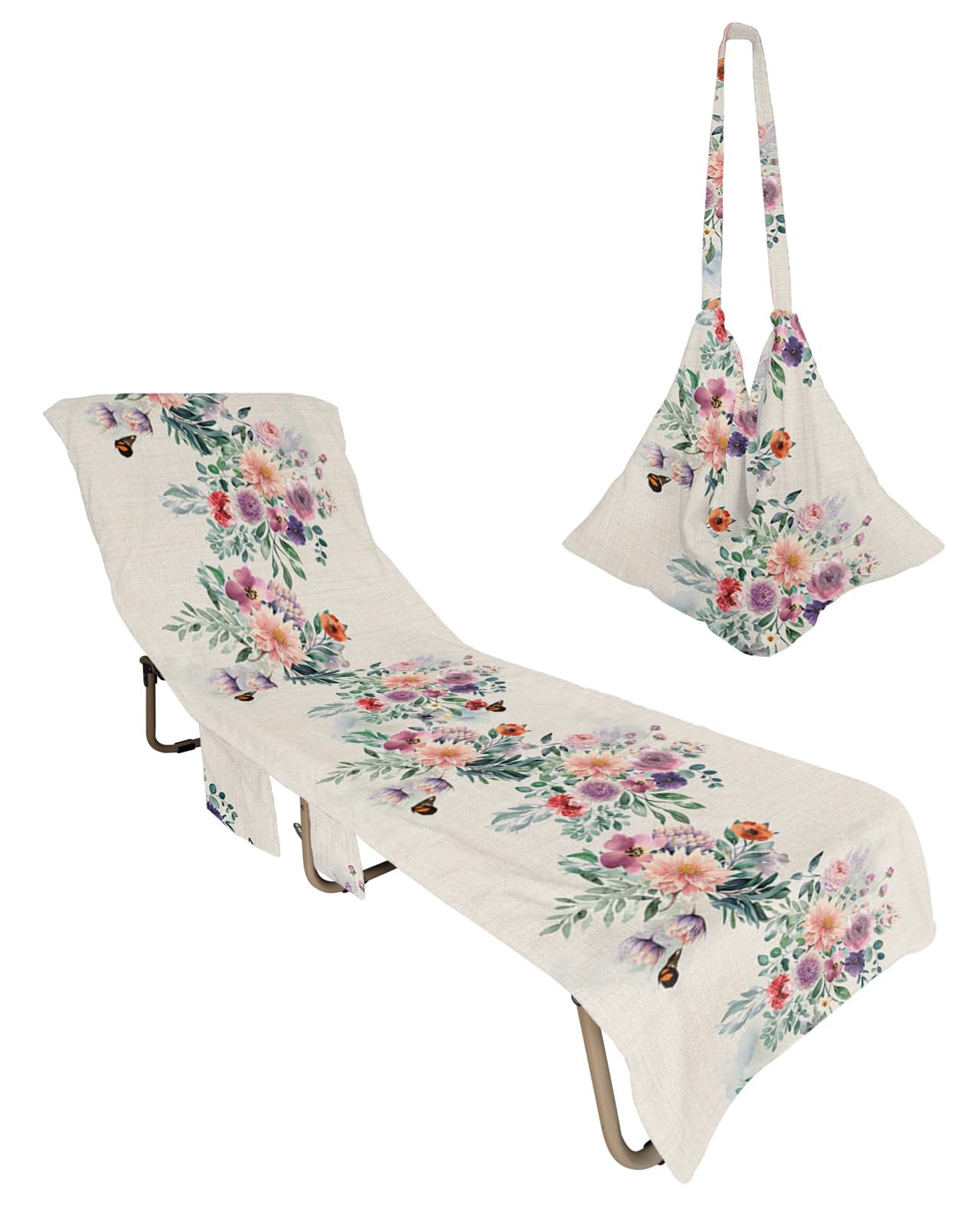 Flower Leaves Beach Chair Towel Covers for Chaise Lounge with Side Pocket, Soft Plush Pool Towels Cover for Patio Sunbathing Outdoor 29''x85'' Butter-fly Vintage Botanical Leaves