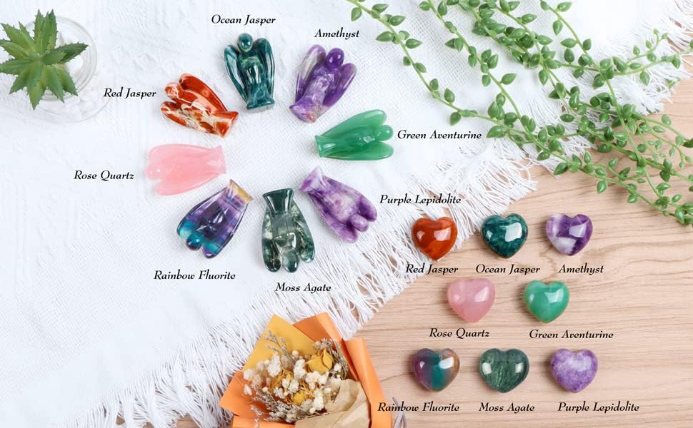 Miniatura 7 de Artistone Juego de figuras de corazón de cristal de jaspe oceánico y ángel de la guarda, piedras de chakra talladas, cristales curativos,