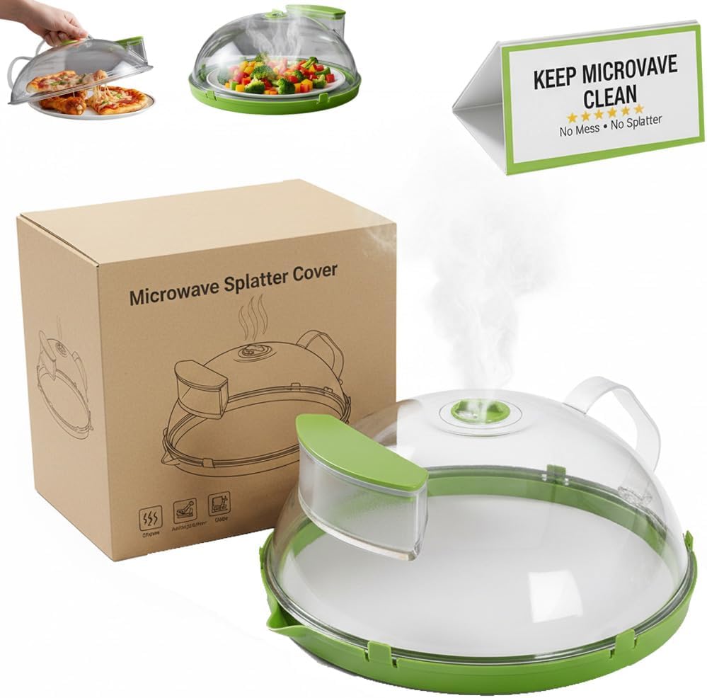 10" Clear Microwave Splatter Cover with Water Steamer Vent, Water Steamer and Integrated Handle, Upgraded Tall Dome Food Plate Guard, Keeps Food Moist, Easy Clean, Splatter Guard