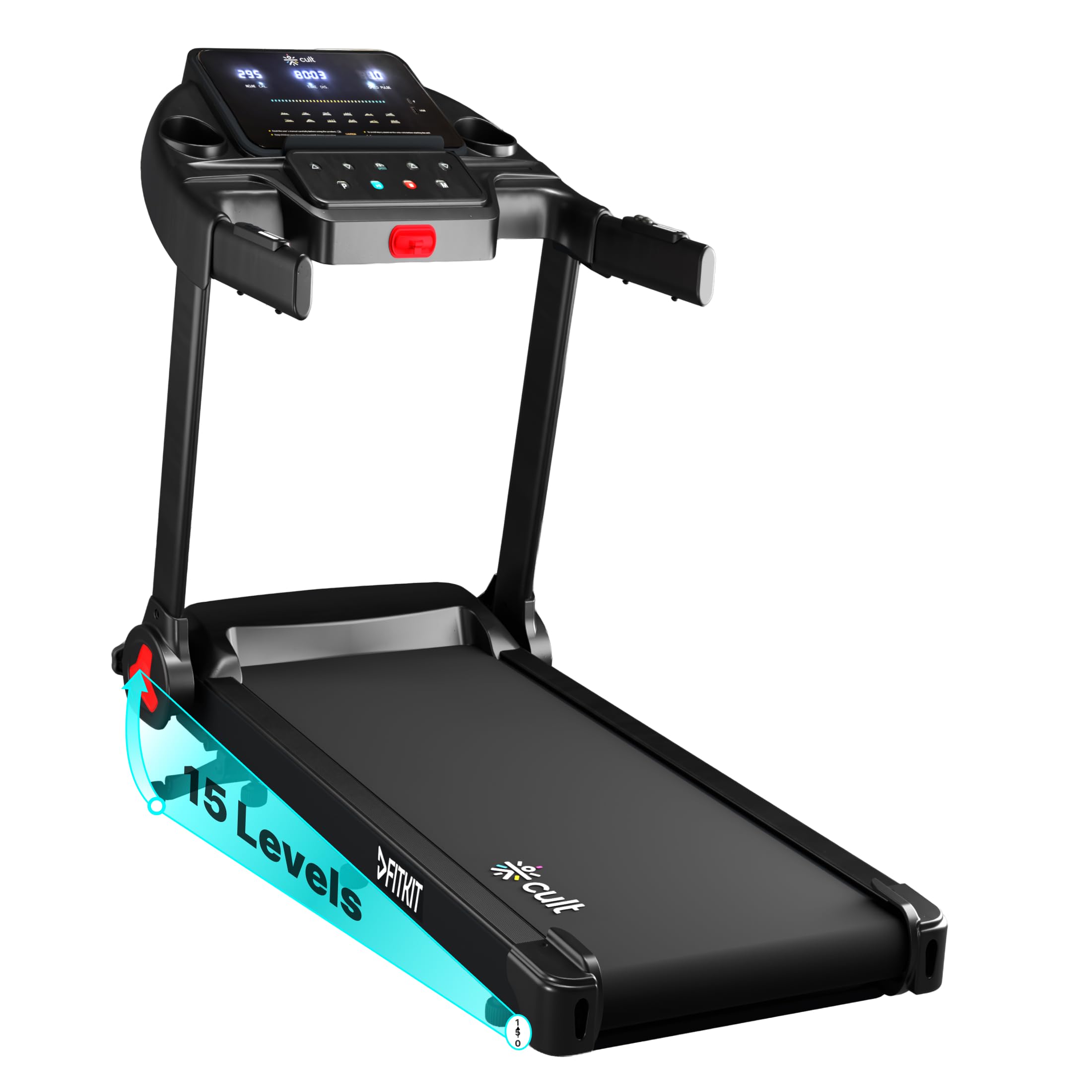 Fitkit by Cult PowerRun96Auto BLDC Treadmill 5.5HP Peak | 110kg Capacity | 15-Level Auto Incline | 14 km/hr Speed | Foldable with Wheels | 12 Preset Programs & Tablet Holder | Perfect for Home Fitness-image-3