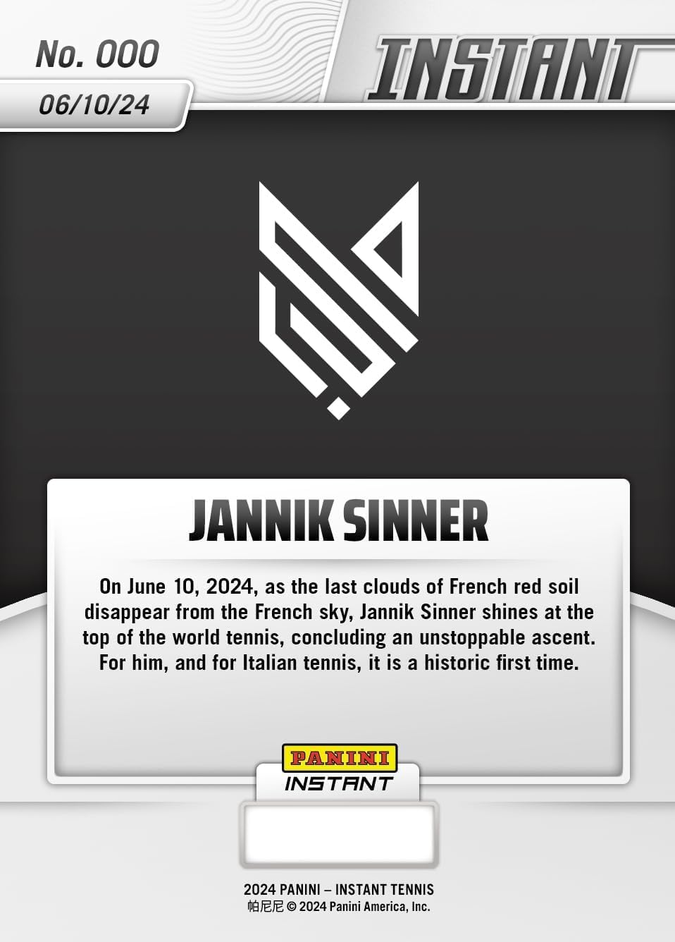 Hall of Fame Sports Memorabilia - 2024 Panini Instant Jannik Sinner #1 New Tennis World #1 Rookie RC Tennis Card