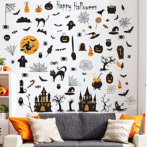 Eutecado Happy Halloween Wall Decals Spooky Halloween Wall Window Stickers, Cemetery Castle Skeleton Cats Ghost Witch Bats Wall Decor Posters Removable Halloween Party Decoration Vinyl Wallpaper #TOP4