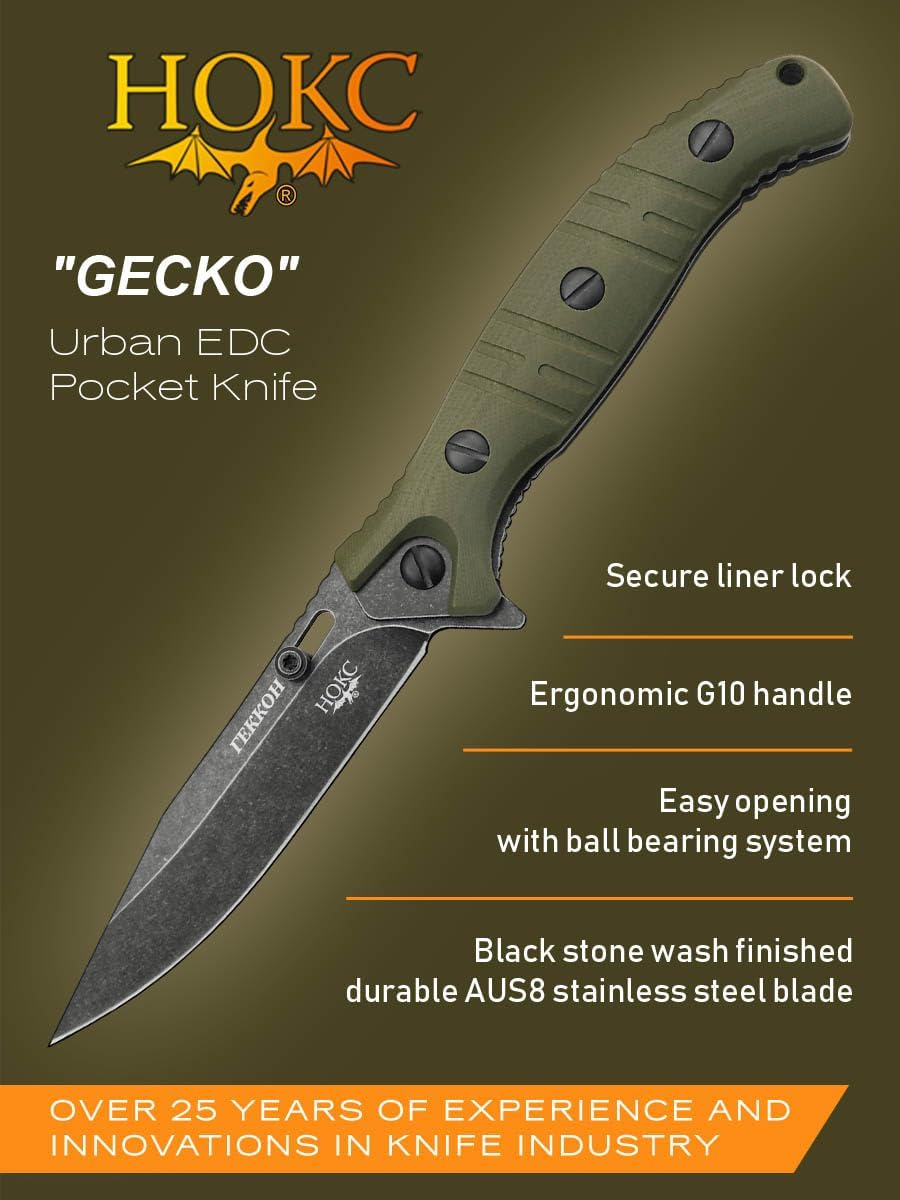HOKC Gecko | 340-580406 | Pocket Knife, EDC Knife by Official Dealer - Liner Lock, G10 Handle, Comfortable Pocket Clip, Ball Bearing, Finger Flipper, Adjustable Thumb Stud, Long and Durable AUS8 Stainless Steel, Black Stone Wash Finished - Ideal for Camping & Hunting