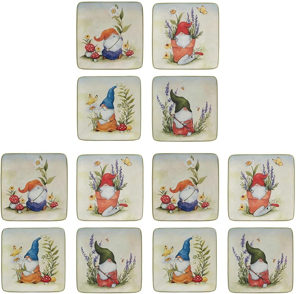 Certified International Garden Gnomes 6" Canape/Luncheon/Appetiser Plates, Assorted Designs, Small, Multicolor, Set of 4