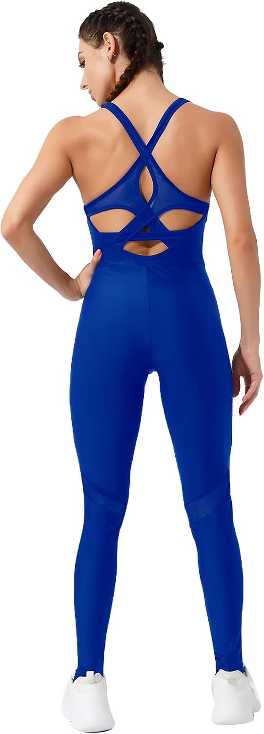 Woman's Solid Color Mesh Crisscross Back Stirrup Full Body Unitard Athletic Jumpsuit