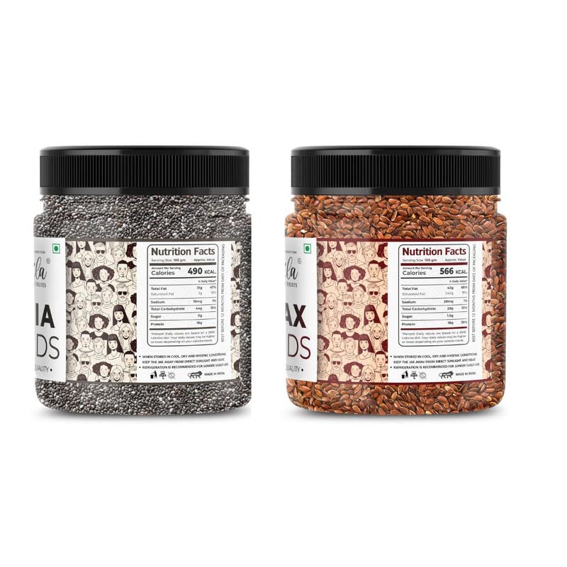 Image of LILA DRY FRUITS Chia & Flax Seeds Combo for Healthy heart, Restful sleep, Boosted energy and Weight management Immunity Booster Diet Food 100gms each Jar Pack (200g total)- Perfect for Gifting