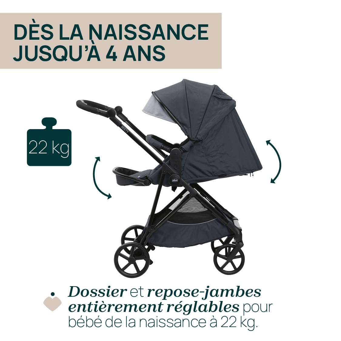 Chicco Poussette Seety, Poussette Bébé Légère et Compacte de 0 Mois à 4 Ans, Capacité de Charge Maximale de 22 kg, Poussette Pliable, Dossier Inclinable, Pliage Automatique en 1 Étape, Canopy