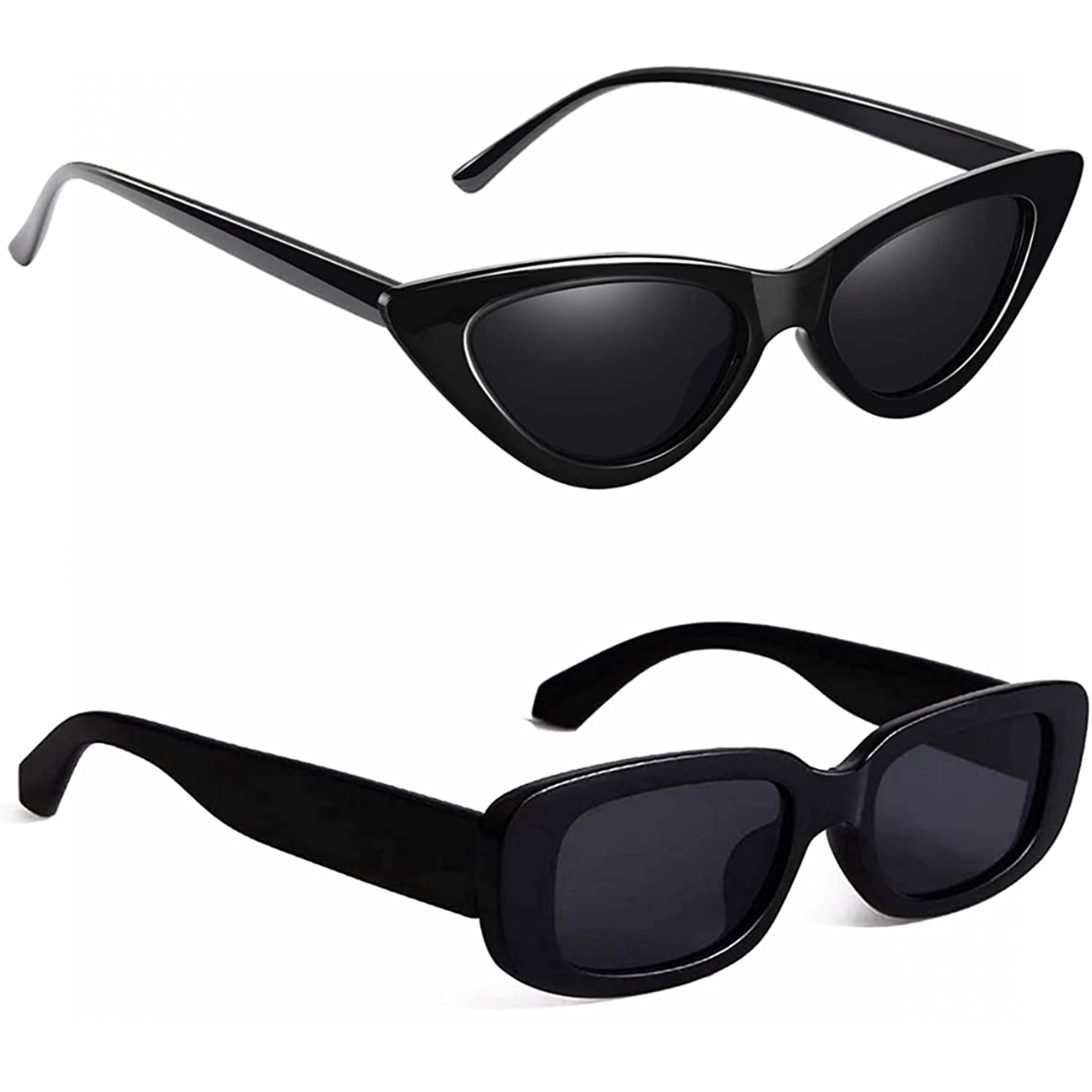 Cat Eye Rectanglular Sunglasses for Women Retro Driving Sunlgasses Vintage Fashion Narrow Cateye Frame UV400 Protection Pack Of 2