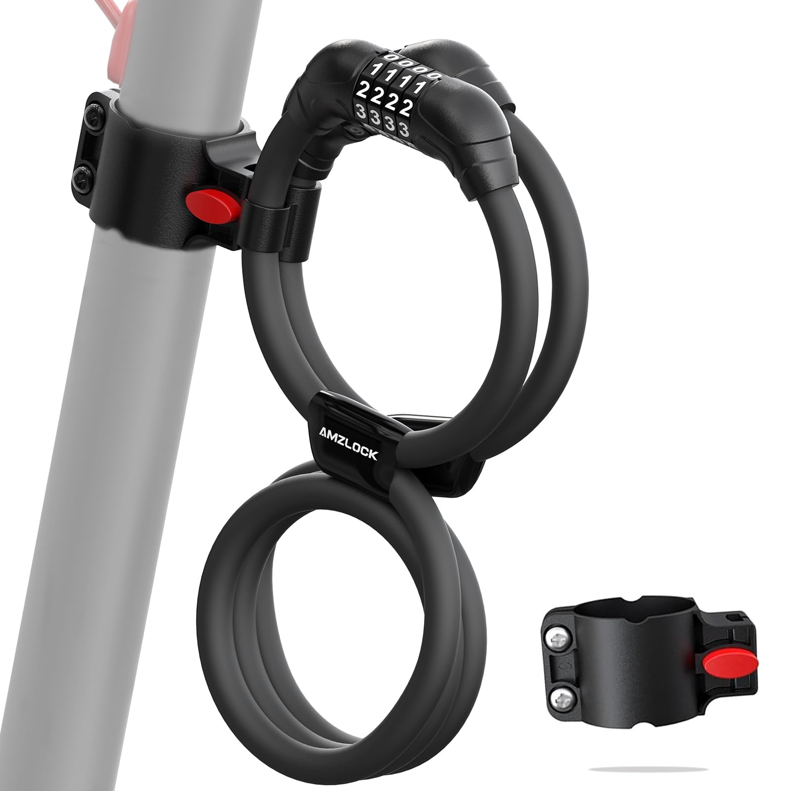 AMZLOCK Candado Patinete Eléctrico, Candado Doble Cabezal Cable con Soporte, CandadoBicicleta 110cm/12mm, CandadoCable de Combinación para Patinetes Eléctricos, Bicicletas y Cochecitos