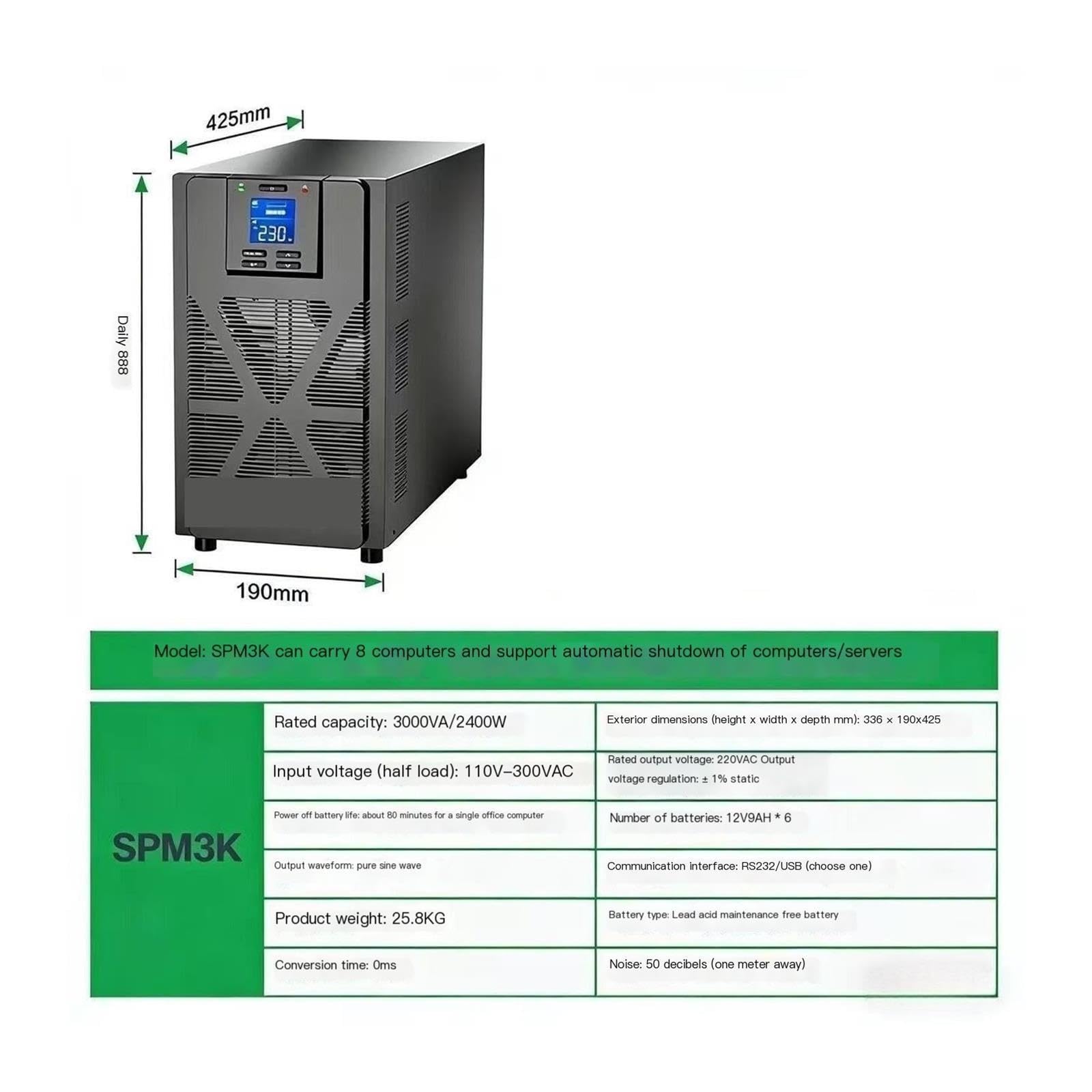 UPS en línea 3KVA 2400W SPM3K Batería incorporada 220V
