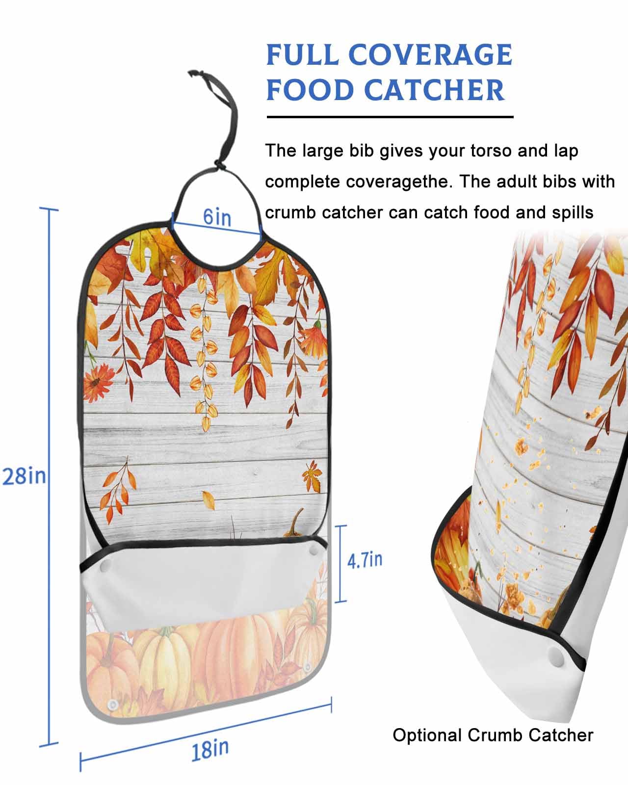 LEOKOTI Burnt Orange Fall Adult Bibs for Eating, Waterproof Bibs with Food Catcher & Adjustable Snap Closure, Maple Leaf Pumpkins Thanksgiving Washable Clothing Protectors Adult Bibs for Elderly