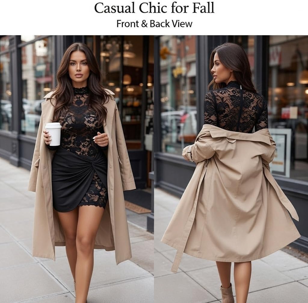 Coquette Balletcore Sheer Lace Bodycon Mini Dress for Women Trendy Mock Neck Long Sleeve Ruched Wrap Skirt Sexy Cute - Image 4