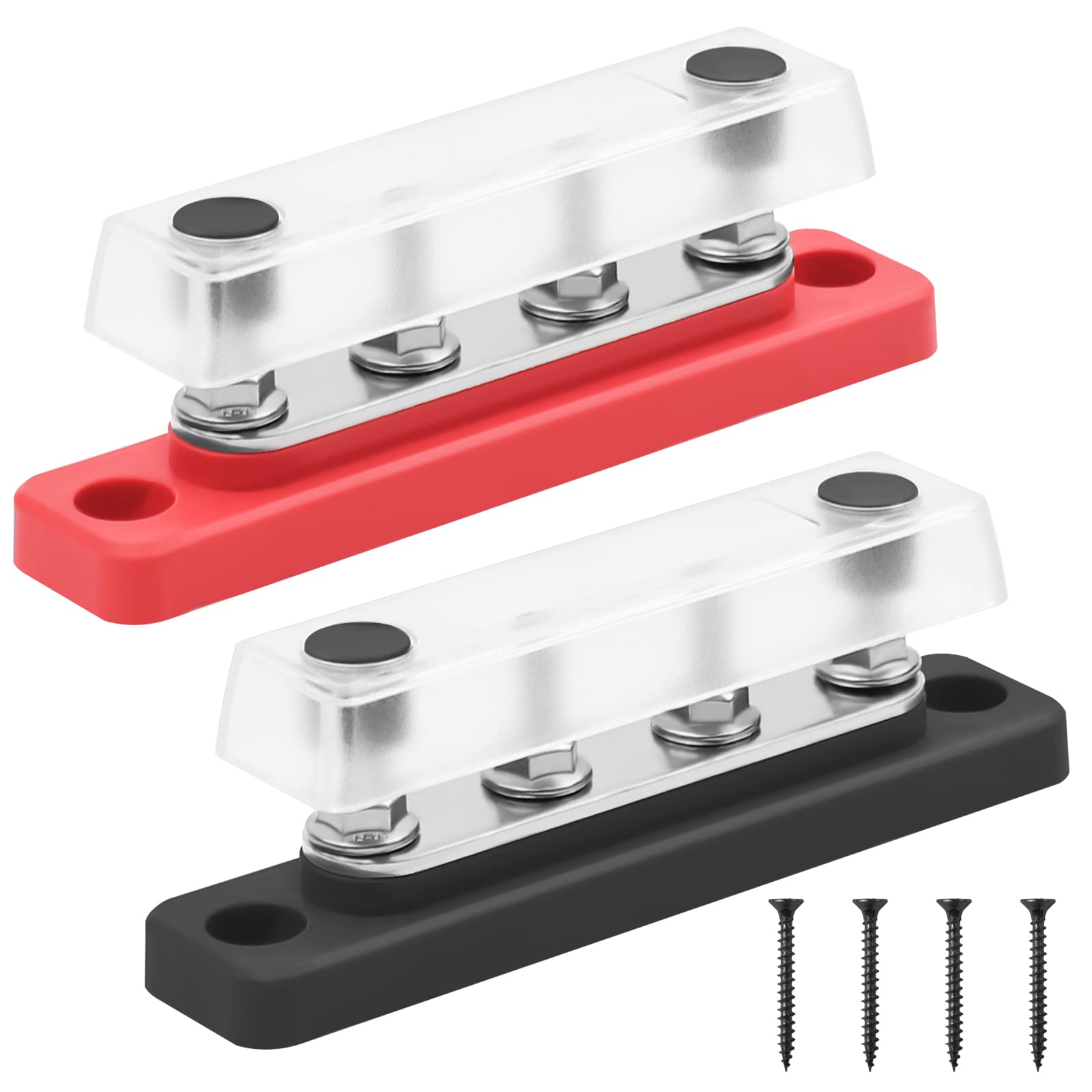 HOIIME150A 48V Bus Bar Power Distribution Block with 4 x M5 Terminal Studs, High Performance Module Heavy-duty BusBars with Transparent Cover for Cars RVs Ships Yachts (Black & Red, 2 Pack)