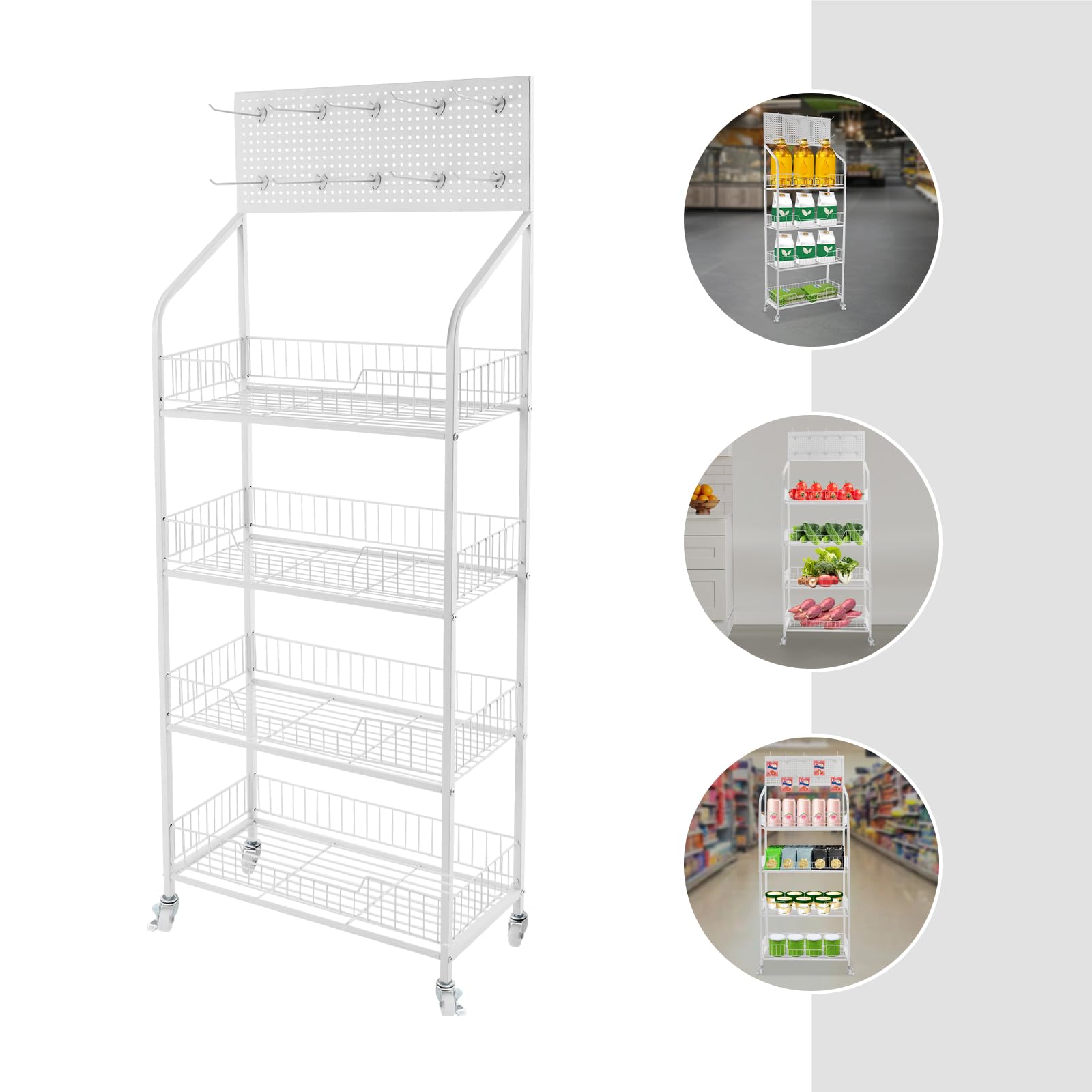 fagauhds Retail Snack Display Stand, 4 Tier Snack Candy Potato Chip Display Rack Stand with Wheels & 10 Hooks, Snack Organizer Concession Stand Display Supplies,White