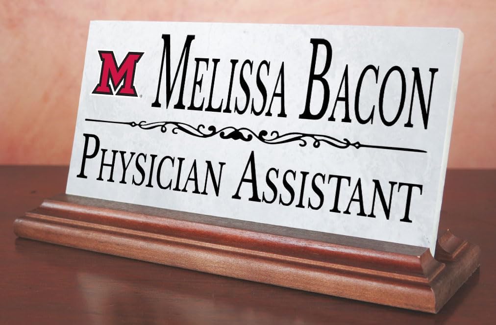 Miami University Nameplate – Personalized Marble Desk Name Plate with Hardwood Base – Custom Graduation Gift for Miami Redhawks Alumni, Students, or Professionals – Officially Licensed