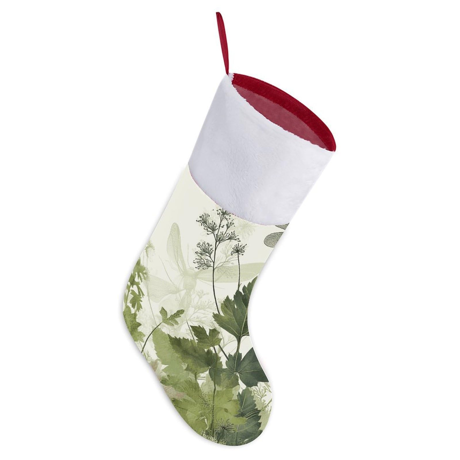 Foliage and Herbs with Dragonflies Winged Christmas Stocking Comfortable Super Soft Plush Cuff Christma Stocking Xmas Eve Party Fireplace Tree Gift Decoration Socks for Family Holiday Party Gifts