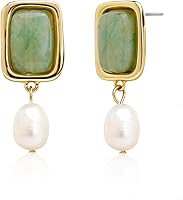 Sonateomber Vintage Gold Aventurine Pearl Dangle Drop Earrings Women Chunky Statement Natural Stone Healing Jewelry Prom Wedding Gift