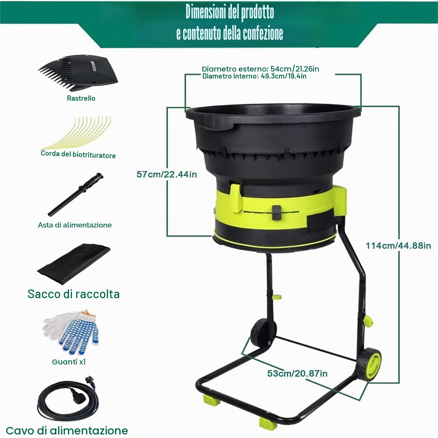 2500 W Trituratore Elettrico per Foglie Con Cavo Con Manopola Di Bloccaggio Sicurezza,Trituratore Da Giardino Con Sacco Raccolta E Ruote,Per Foglie Secche,Erba E Sfalci Giardino,noPowercord