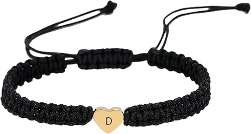 Gold Heart Initial Bracelets for Women Gifts - A-Z 26 Letters Initial Charms Bracelet Handmade Rope Braided Adjustable Jewelry