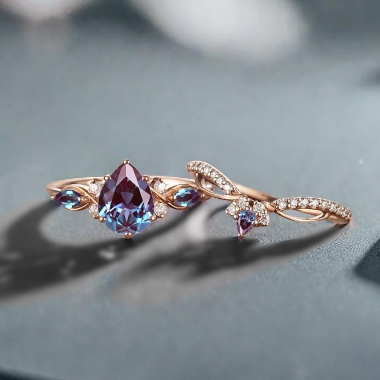 Pear Gemstone Engagement Ring Set for Women 10K 14K 18K Solid Gold 1.5 Carat Vintage Vine Art Deco Birthstone Bridal Wedding Promise Anniversary Rings for Her Wife Gifts