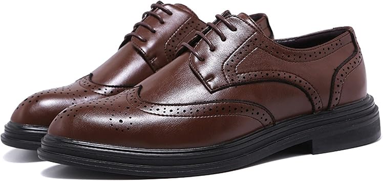 Formal Dress Shoes, Mens Lace Up Derby Shoes, Brogue, Embossed Wing Tip, Faux Leather, Anti-Slip, Rubber Sole, Anti-Slip, Block Heel, Business Color Brown, Size 10.4 inches 26.5 cm