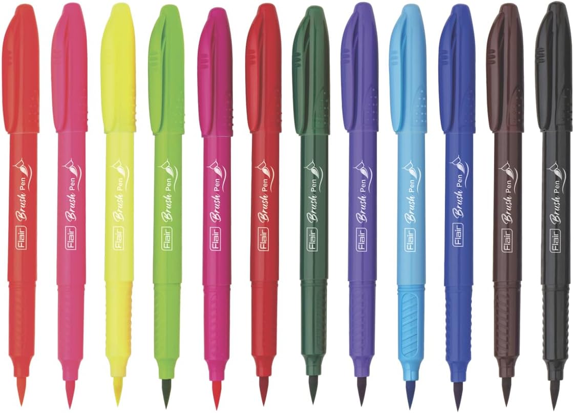 FLAIR Creative Brush Pen With Flexible Tip | Watecolour Effect & Smudge Free Writing | Non-Toxic & Safe For Childrens | A Great Tool For Lettering & Calligraphy | Set of 12 Bright Shades