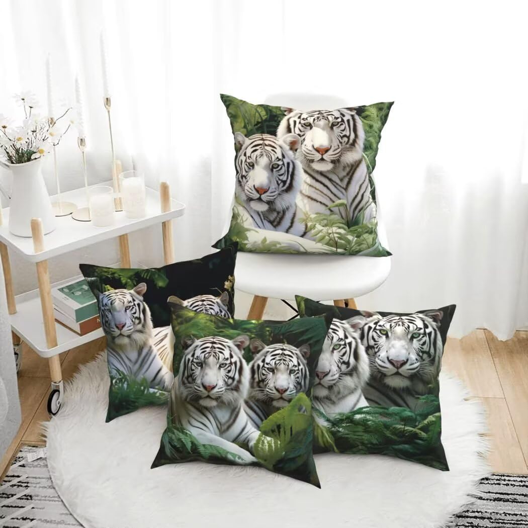 Fundas de Cojines 55x55 cm Juego de 4 Animales Funda de Almohada del Decorativos de Tela de Lino para Sofa con Cremallera Oculta, Funda Cojin Tigre Blanco Cushion Covers Decoración del Hogar -LI41