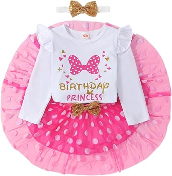 Toddler Kids Baby Birthday Girl Outfit Ruffle Sleeve Shirt Polka Dots Tutu Skirt Sets with Headband