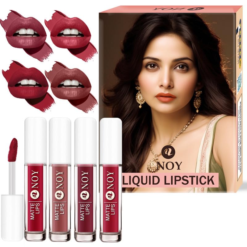 Image of Noy Liquid Matte Lipstick Long-Lasting Matte Shades for a Flawless Look - Cherry Nude, Creamy Nude, Dark Maroon, Venetian Red Shades Pack of 4