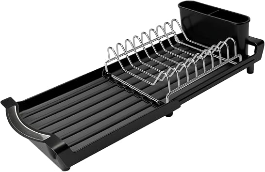 Dish Drying Rack Compact Expandable - A Space-Saving, Stainless Steel, Rust-Resistant Dish Drainer for Kitchen and Apartment Countertops/Sink Cabinets, Extendable from 11.42 to 19.9 inchesBlack