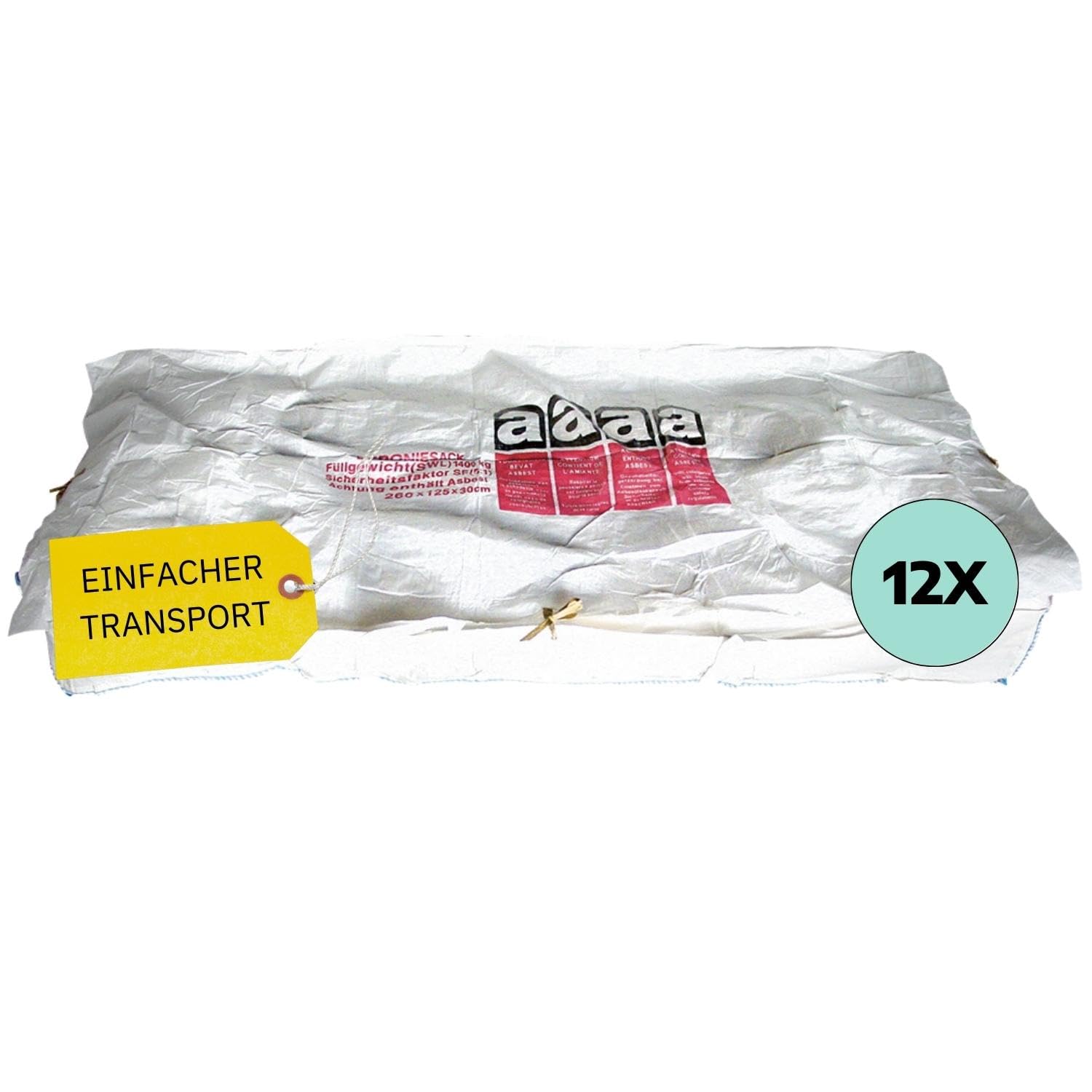 12 Stk. Plattenbag beschichtet 260 x 125 x 30 cm I Big Bag für Asbestplatten nach TRGS 519 I Asbest Sack mit Aufdruck I Asbest Big Bag SWL 1500 kg I für Berliner Welle geeignet