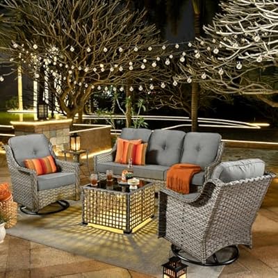 ovios 5 Piece Outdoor Patio Furniture with 3 Seat Sofa,Rattan Wicker Coversation Set with Swivel Rocking Chair,Balcony Sofa Set with Shiny Table for Outside Porch Backyard Pool,Dark Grey
