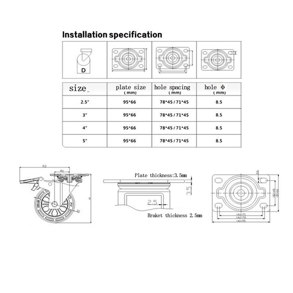 2.5 '' Ruote per mobili e culla piatto ruote piroettanti con freno silenzioso PU Heavy duty 300kg Rotelle industriali per carrello banco di lavoro ospedale fabbrica 4 pezzi