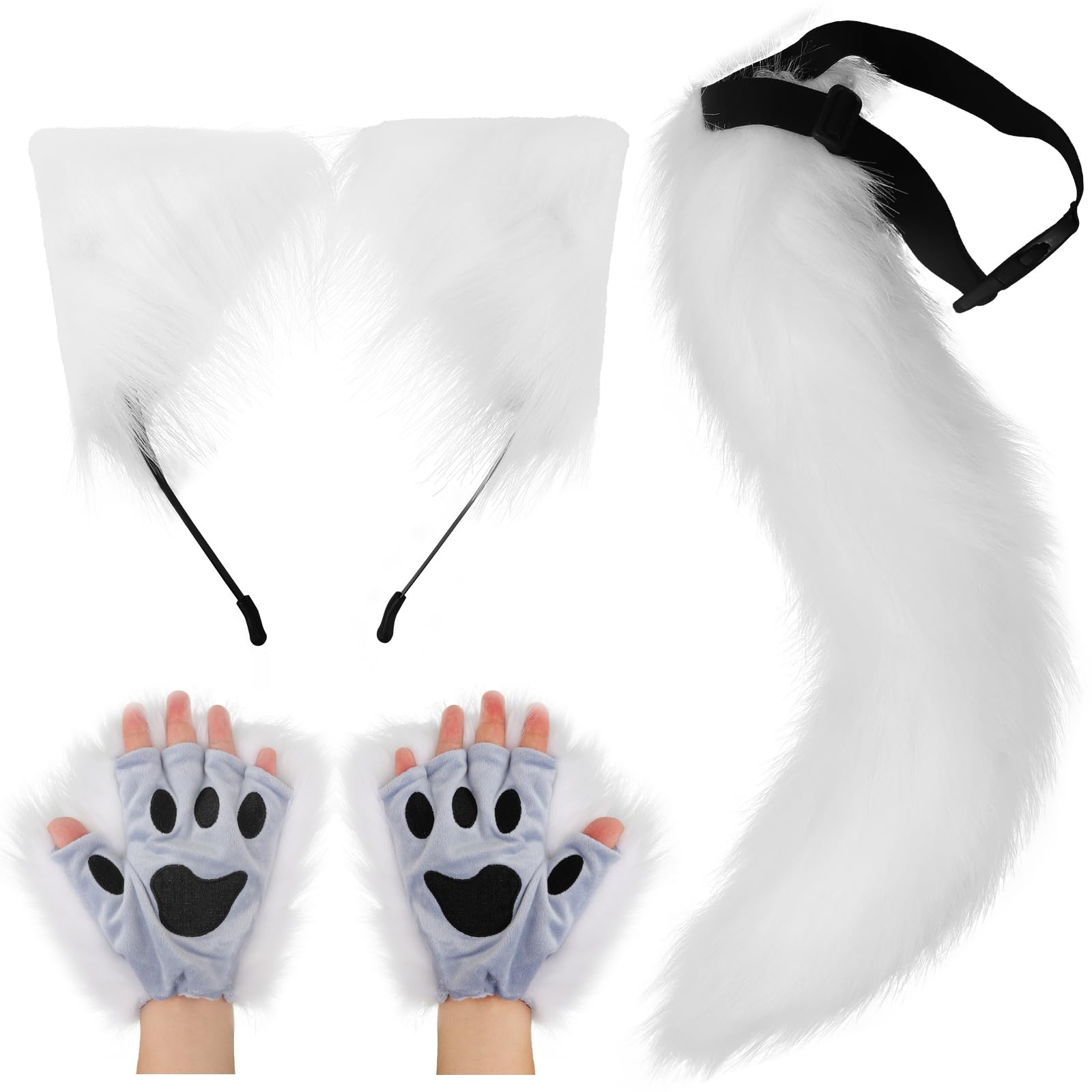 DRESHOW Wolf Fox Fur Tail Ears Headband and Gloves Set Cosplay Party Costume Super Huge Fluffy Tail for Women