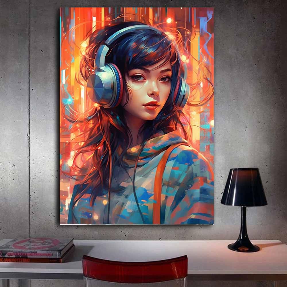 TERUEA Quadro su Tela arte Stampe da Parete, Amante Musica Cuffie Citt脿 Neon Quadri Moderni - Quadri Fiori in fiore - Decorazione Murale per Ufficio Sala yoga (Arancione)-80x120cm Incorniciato