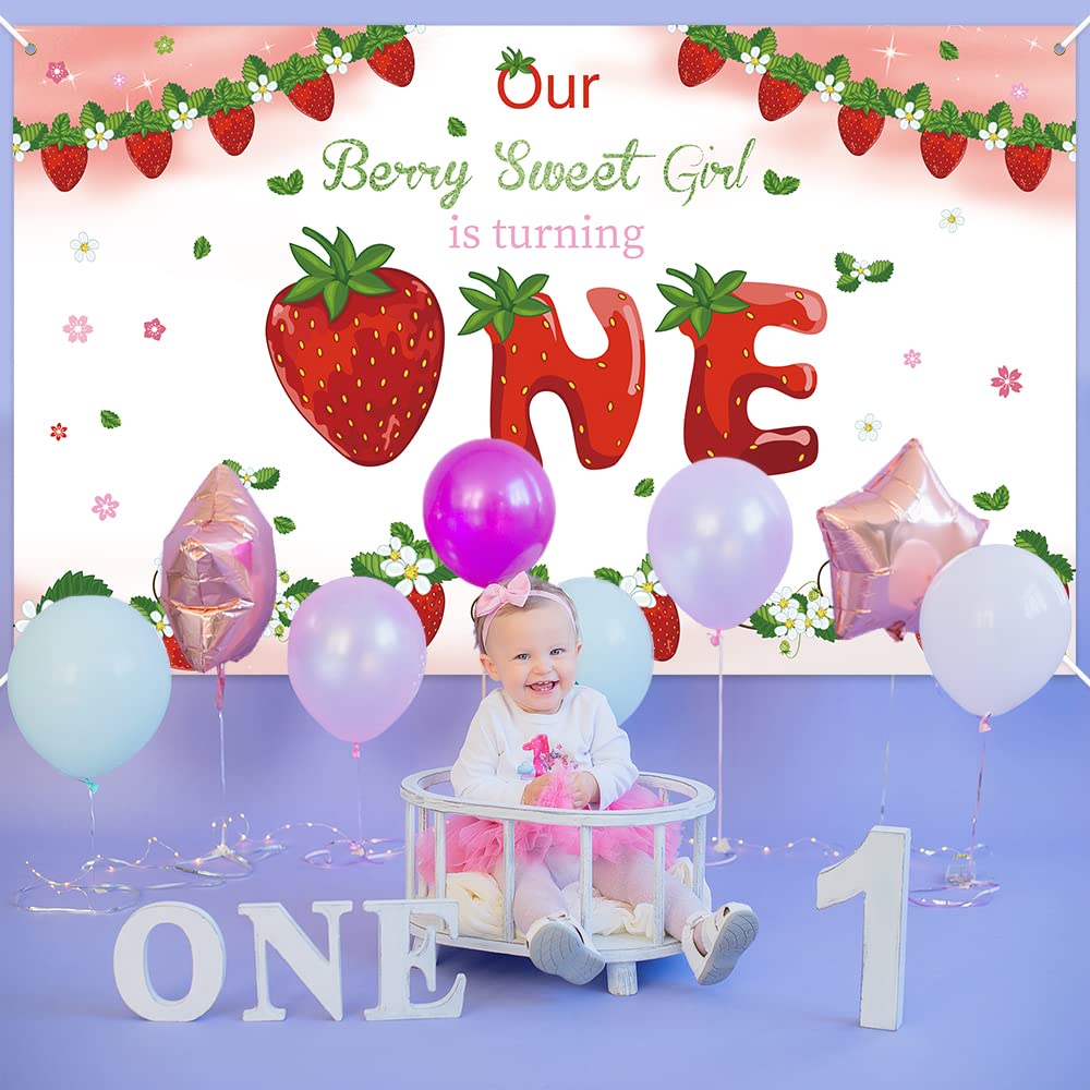 Fotohintergrund 1. Geburtstag Mädchen – Erdbeer-Motiv, 2,1x1,5 M, Polyester, Für Fotoshootings & Partydeko